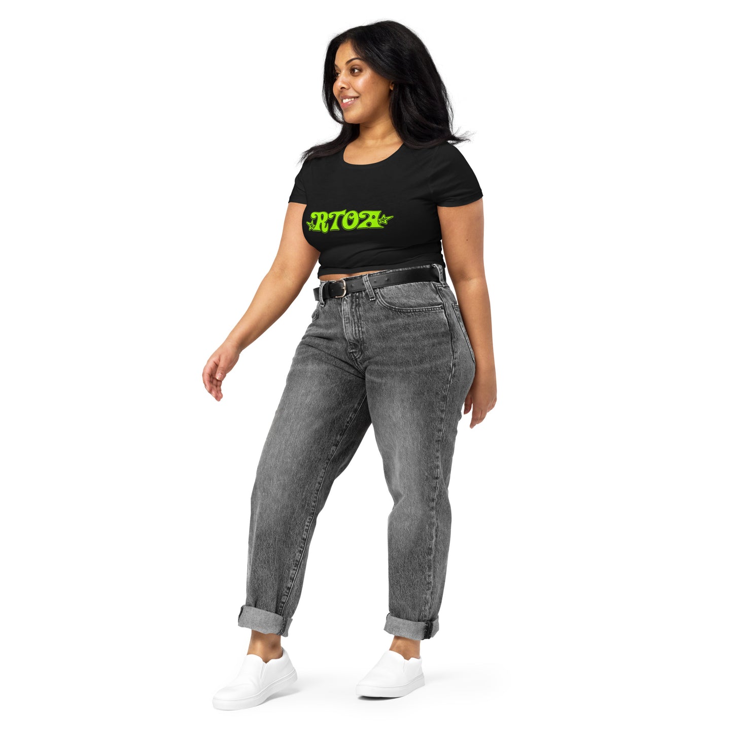 Women’s Black and Neon Green Crop Tee